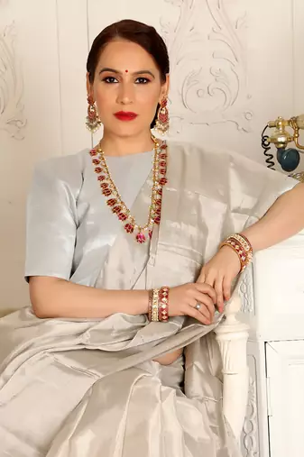 Silver handwoven zari tissue handwoven saree set