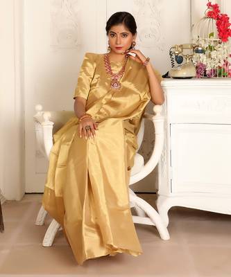 Gold handwoven zari tissue saree set 4