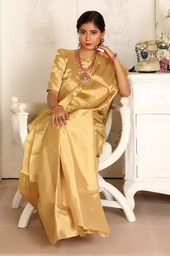 Gold handwoven zari tissue saree set