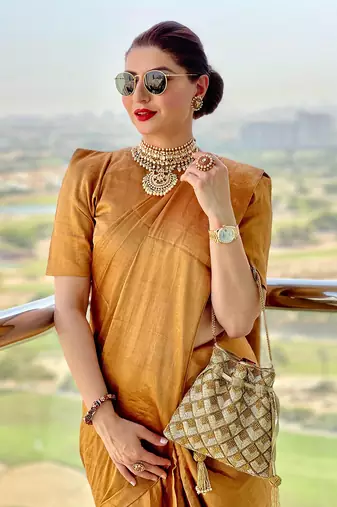 Dark gold zari tissue handwoven saree set