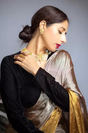 Dark gold handwoven saree set
