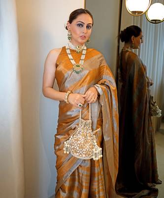 Dark gold zari tissue saree set 2