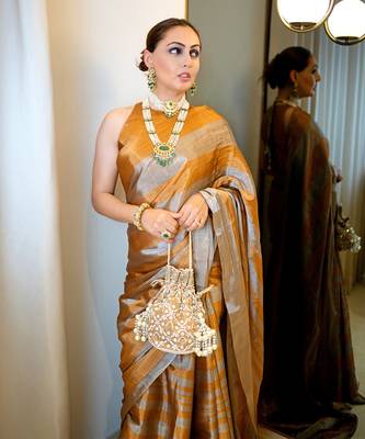 Dark gold zari tissue saree set 3