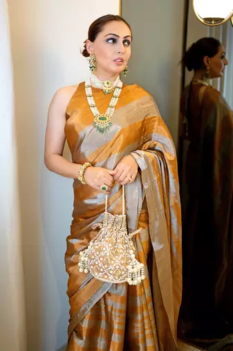 Dark gold zari tissue saree set