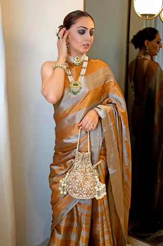 Dark gold zari tissue saree set