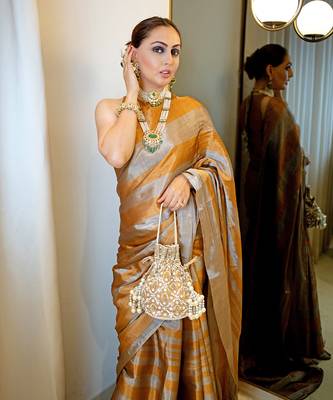 Dark gold zari tissue saree set 5
