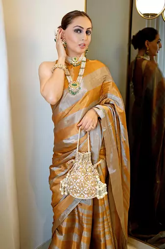 Dark gold zari tissue saree set