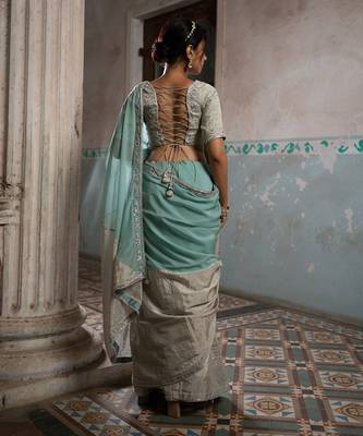 Silver and mint silver tissue saree set 2