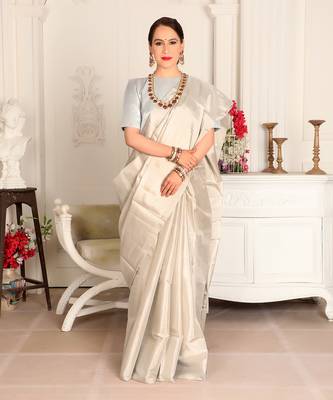 Silver handwoven zari tissue handwoven saree set 1
