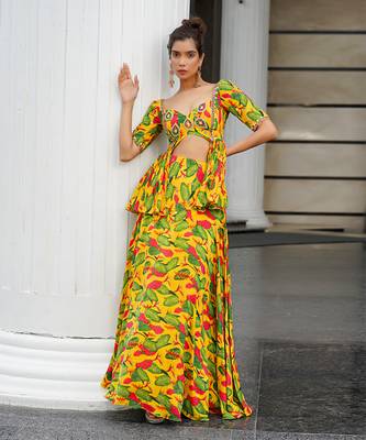 Yellow Ginger Flower Peplum Lehenga Set 1