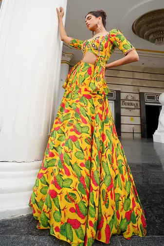 Yellow Ginger Flower Peplum Lehenga Set