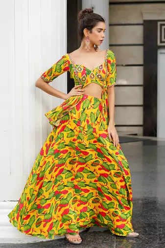 Yellow Ginger Flower Peplum Lehenga Set