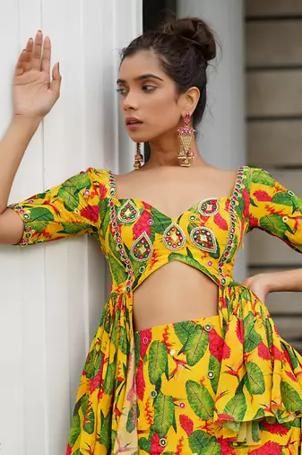 Yellow Ginger Flower Peplum Lehenga Set