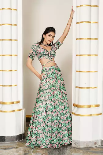 Green Pink Floral Lehenga Set