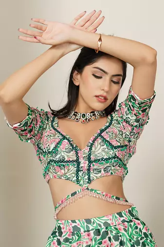 Green Pink Floral Lehenga Set