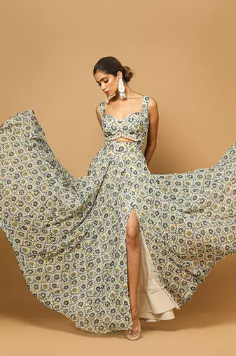 White and Blue Casual Indo-Western Lehenga for Women