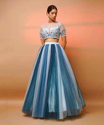 Blue Net Indo Western Skirt Set 1