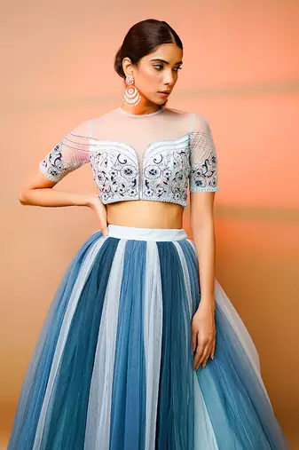 Blue Net Indo Western Skirt Set