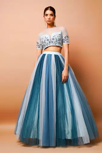 Blue Net Indo Western Skirt Set