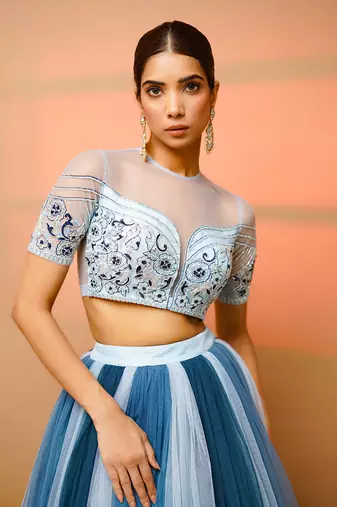 Blue Net Indo Western Skirt Set