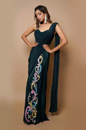 ready to wear teal saree set