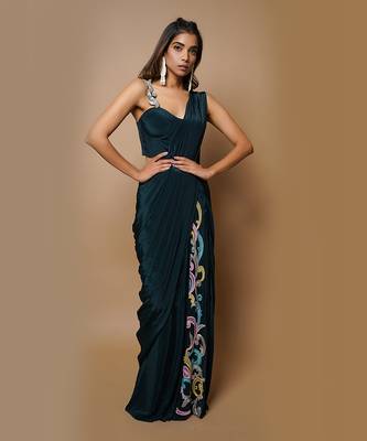 ready to wear teal saree set 3