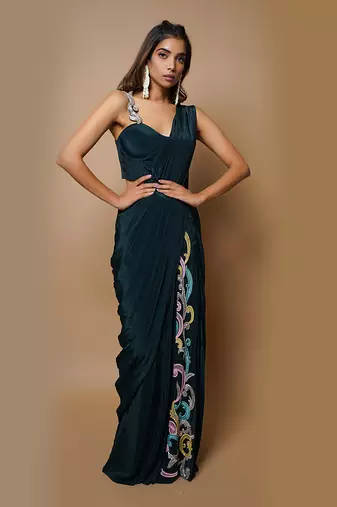 ready to wear teal saree set