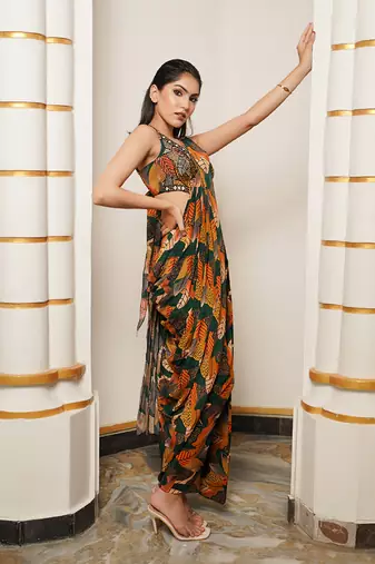 ready to wear green leaf print drape saree with bralette
