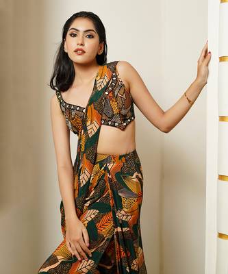 ready to wear green leaf print drape saree with bralette 5