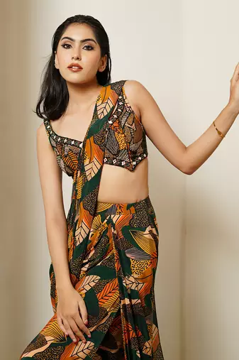ready to wear green leaf print drape saree with bralette