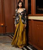 ready to wear black abstract heavy drape saree set