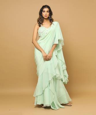 ready to wear light green ruffle saree set 1