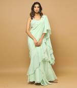ready to wear light green ruffle saree set