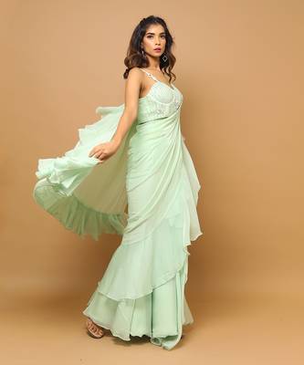 ready to wear light green ruffle saree set 2