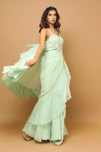 ready to wear light green ruffle saree set