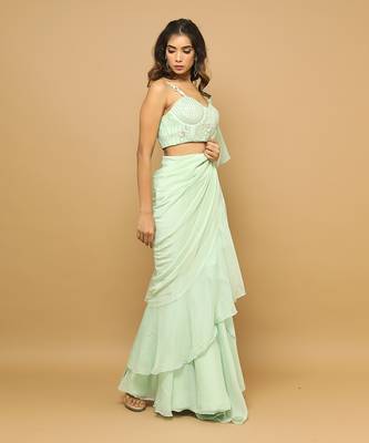 ready to wear light green ruffle saree set 3