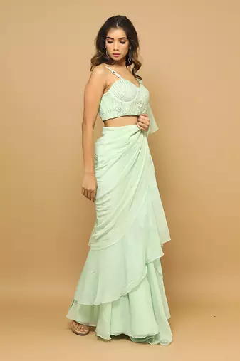 ready to wear light green ruffle saree set