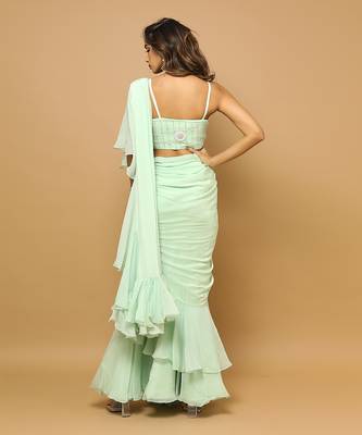 ready to wear light green ruffle saree set 5