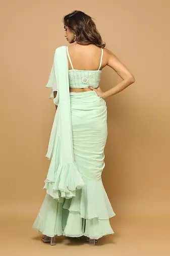 ready to wear light green ruffle saree set
