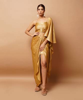 ready to wear golden fusion saree set 1