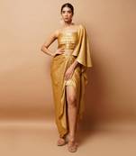 ready to wear golden fusion saree set