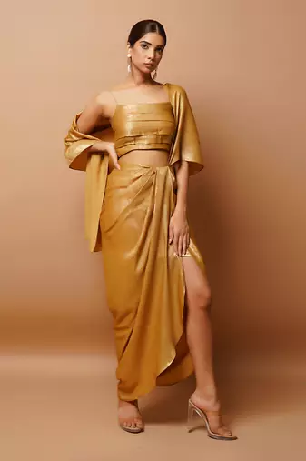 ready to wear golden fusion saree set