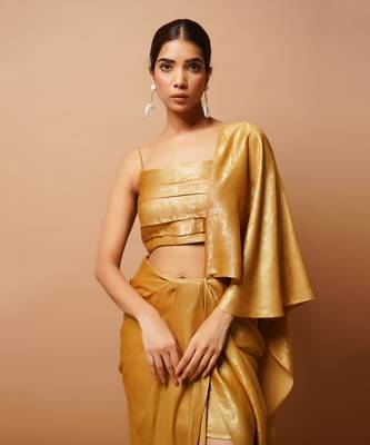 ready to wear golden fusion saree set 4