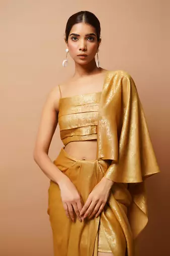 ready to wear golden fusion saree set