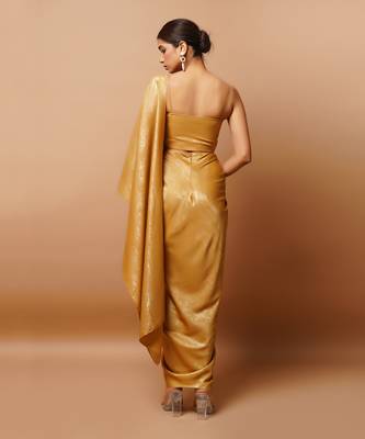 ready to wear golden fusion saree set 5