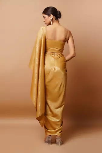 ready to wear golden fusion saree set
