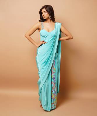 ready to wear blue firozi saree set 1