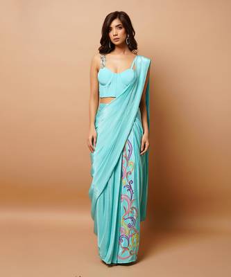 ready to wear blue firozi saree set 2