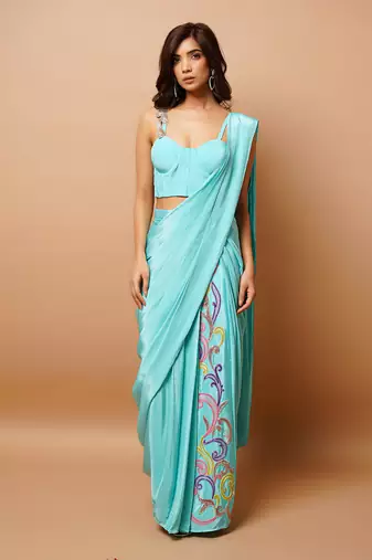 ready to wear blue firozi saree set