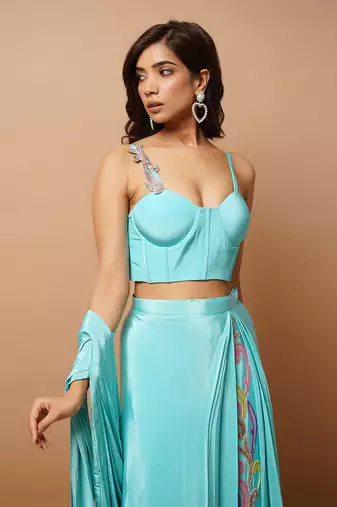 ready to wear blue firozi saree set